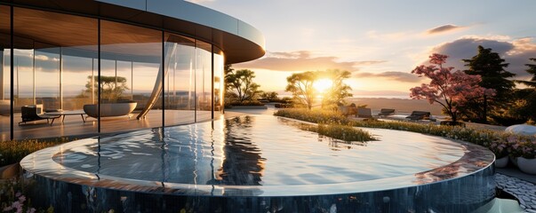 A stunning architecture of curved glass walls reflecting the sky and clouds, merging the outdoor beauty with the large water feature for an experience that will take your breath - obrazy, fototapety, plakaty