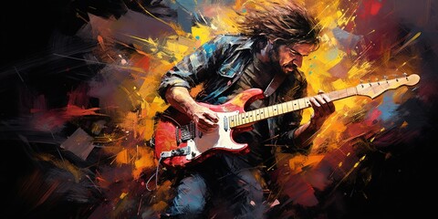 rock guitar. enthusiastic playing. - obrazy, fototapety, plakaty
