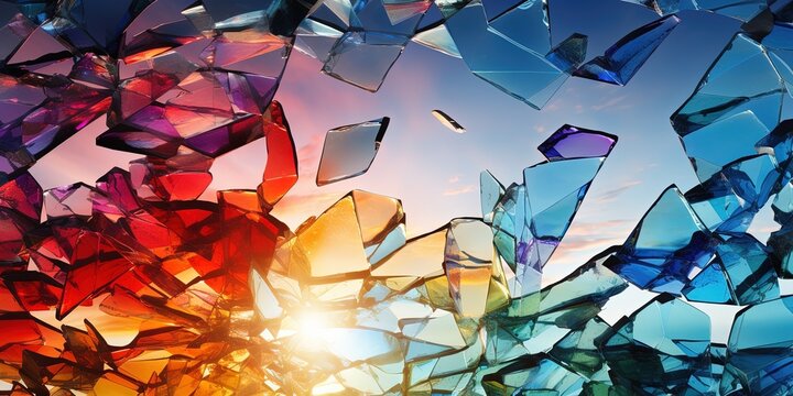 Destructing Beautifully. Shattered glass in colors. Broken glass reflections in rainbow like colors.
