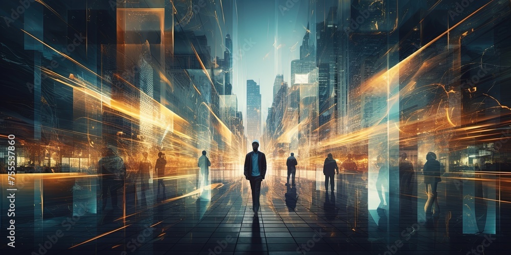 Poster busy urban environment captured in a blur with dynamic geometric light connections creating an abstr