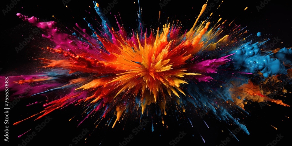 Poster dynamic explosion of abstract splatter in dark tones with vibrant colors against a black background