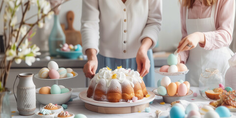 Mom and son work together to make Easter cakes and festive treats in the bright kitchen.