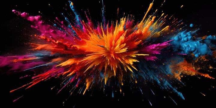 Dynamic explosion of abstract splatter in dark tones with vibrant colors against a black background