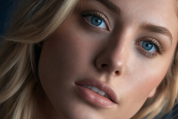 Close-up portrait of blonde model with blue eyes