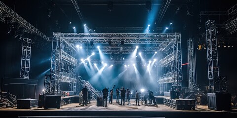 A Live stage production being built in a center stage type venue. Stage rigging equipment, lighting trusses, stairs and PA systems being carried in. - obrazy, fototapety, plakaty