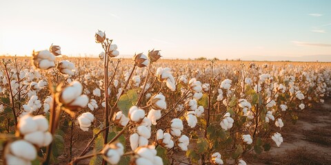 Cotton farm during harvest season. Field of cotton plants with white bolls. Sustainable and eco-friendly practice on a cotton farm. Organic farming. Raw material for textil - obrazy, fototapety, plakaty