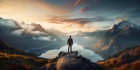 Man standing on mountain top in the morning overlooking lake between mountains - obrazy, fototapety, plakaty