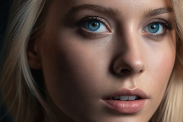 Close-up portrait of blonde model with blue eyes