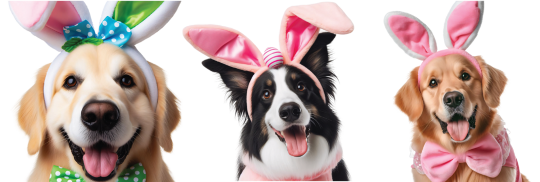 Cutout Set of Cute Golden Retriever and Border Collie Dogs Dressed Up as Easter Bunny, Isolated on Transparent or White Background