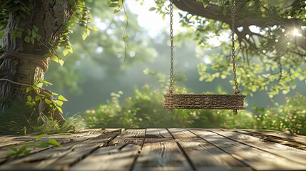 Visualize an enchanting 3D render: an old wooden terrace adorned with a wicker swing suspended from a tree, set against a blurry nature background
