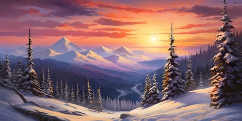 Radiant sunrise casting warm colors over a snowy forest with distant mountain range - Powered by Adobe