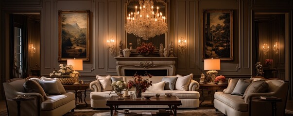A warm and inviting living room, complete with a grand chandelier, cozy furniture, and an abundance of elegant details from the molding to the vase, creating a beautiful and inviting atmosphere