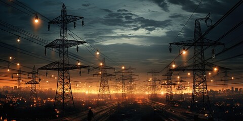 The grid, electrical grid, power grid. An electrical power grid represented by wires and small lamps.