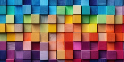 Spectrum of colorful wooden blocks aligned on a rustic old wood table. Japanese Color set. Background or cover for something creative, diverse, and in multiple variations.