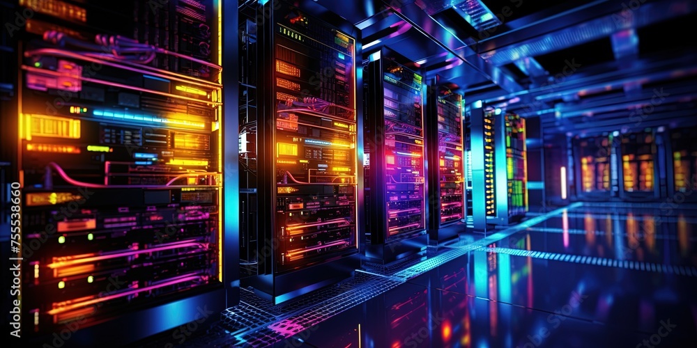 Poster high performance data servers. glowing cables, high bandwidth. ultra high performance servers in dat