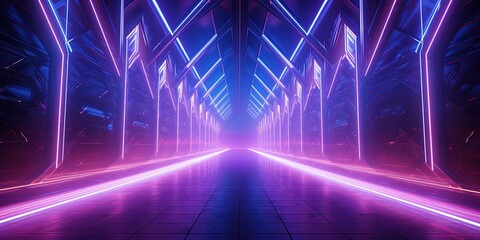 A captivating abstract corridor with symmetrical patterns of neon lights leading forward