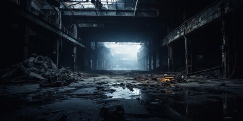 Inside a dark and dim abandoned building or public facility. Dark and dim remains or ruins of a modern building complex. - obrazy, fototapety, plakaty