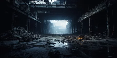 Foto op Canvas Inside a dark and dim abandoned building or public facility. Dark and dim remains or ruins of a modern building complex. © Sanych