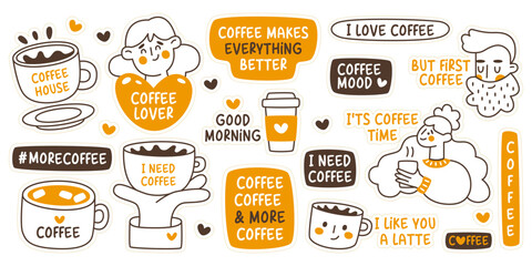Coffee house, cafeteria, cafe stickers with lettering, mugs and takeaway cups vector illustration