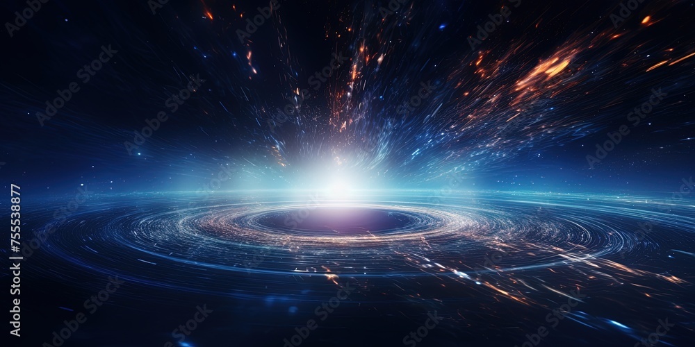 Poster big data visualization with spinning vortex of light particles, abstract data backgrounds