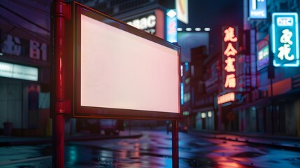 Blank illuminating white billboard standing in a Chinatown street. copy space. Horizontal. mockup.