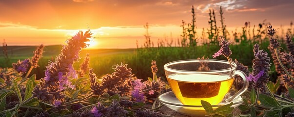 Aromatic tea made from medicinal herb Agastache foeniculum, beneficial for stomach and lungs. - obrazy, fototapety, plakaty