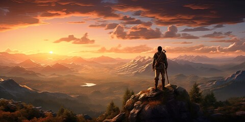An adventurer stands on a mountaintop as the setting sun casts vibrant rays over the valley below - Powered by Adobe