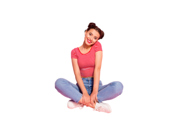 Her she nice-looking sweet attractive glamorous lovely shine cheerful cheery girl wearing striped tshirt jeans sitting on floor isolated over pink pastel background