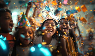 Happy latino, hispanic or indian diverse children girls having kid's Happy Birthday party with confetti, balloons and birthday hats indoors laughing