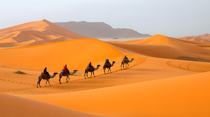 Camel caravans against the vastness of sandy dunes background