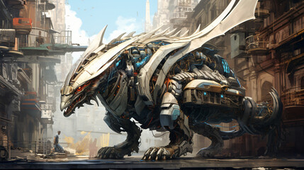 A mechanical dragon in a futuristic metropolis  interior