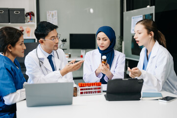 Modern Medical Research Laboratory Portrait of Team Scientists Working, Using Digital Tablet,...