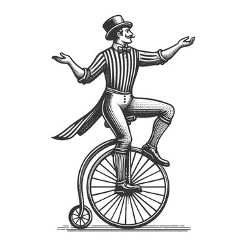 Circus performer acrobat rides Penny-Farthing Bicycle sketch engraving generative ai fictional character raster illustration. Scratch board imitation. Black and white image.