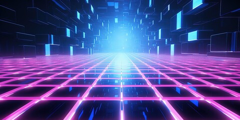 Digital grid with blue and pink neon lights presenting a futuristic matrix-like design in a virtual...