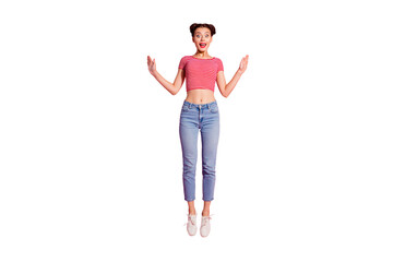 Full length body size photo beautiful she her lady pomade lips cheerleader jump high ecstatic...