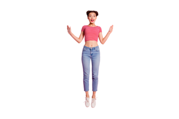 Full length body size photo beautiful she her lady pomade lips cheerleader jump high ecstatic reaction goal fan wear casual jeans denim striped red white t-shirt sit floor isolated pink background