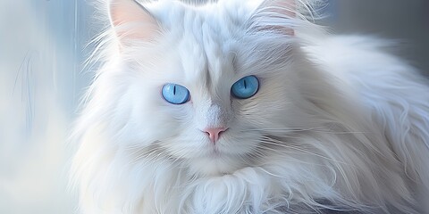 Close-up portrait of a fluffy white cat with striking blue eyes and a serene expression