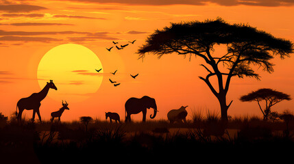 Fototapeta na wymiar Animals on the African savannah against a golden sunset background