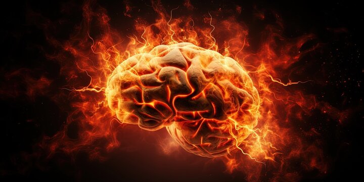 Side view of Brain on fire, exploding brain, disease concept like Parkinson's, Alzheimer's , dementia or Multiple Sclerosis