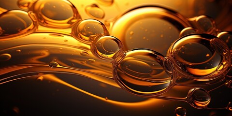 Close-up photo of gleaming golden oil bubbles floating serenely on a dark liquid's surface, captured with high detail - obrazy, fototapety, plakaty
