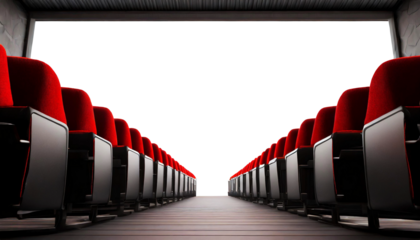 Movie theater with black and red cinema seats and empty screen with copy space, isolated on white or transparent background, png. Generative Ai.