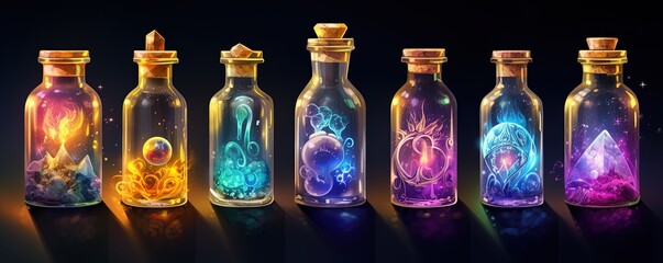 Magic bottles with magic elixirs for love spells, sorcery and divination. Magic illustration and alchemy. Digital ai art - obrazy, fototapety, plakaty