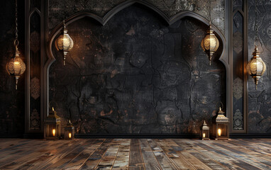 Ramadan lantern with mural background and reflective floor - obrazy, fototapety, plakaty