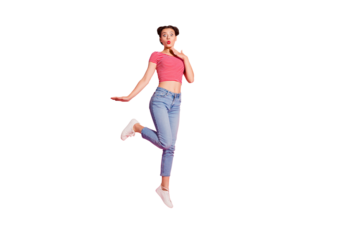 Full length body size photo yelling beautiful she her lady bright pomade lips jump high unbelievable breaking news wear casual jeans denim striped red white t-shirt sit floor isolated pink background