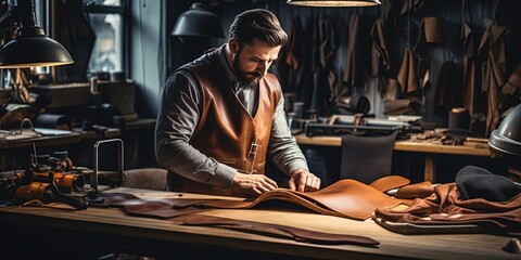 Leathersmith or leather craftsman engraving a thick piece of brown-tanned leather. - obrazy, fototapety, plakaty