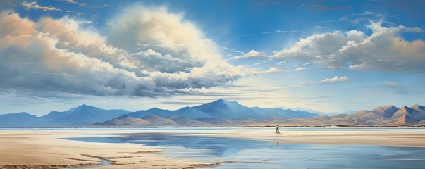 Obraz premium A solitary figure traversing the tranquil river, under a vast sky filled with fluffy clouds, surrounded by the serene beauty of nature's landscape, with the calming rhythm of the waves on the sandy