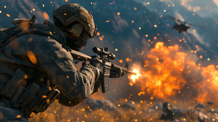 Explosions, dynamic poses, and advanced weaponry can convey the intensity of the conflict