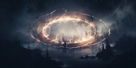 A mesmerizing visual of electric energy forming a circular ring with intense lightning sparks against a muted backdrop - obrazy, fototapety, plakaty