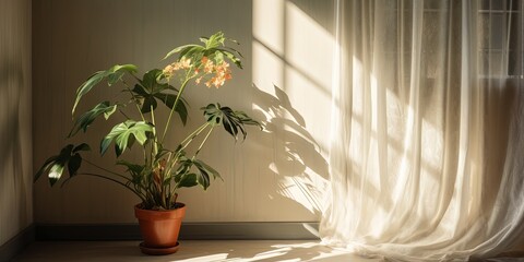 Bright sunlight spills into a room, highlighting a blooming pot plant by sheer curtains