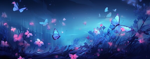 Dreamy iridescent blue flowers. Bioluminescent garden and butterflies. Abstract floral background...